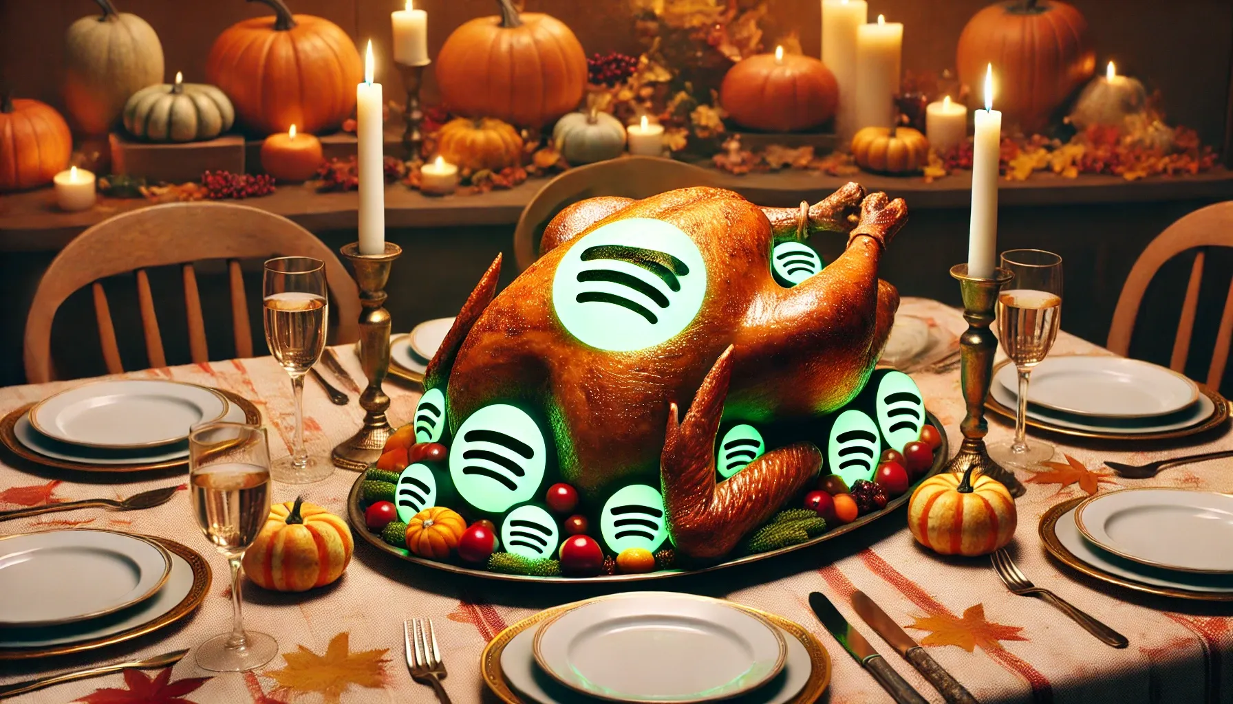 A Thanksgiving turkey stuffed with Spotify logos