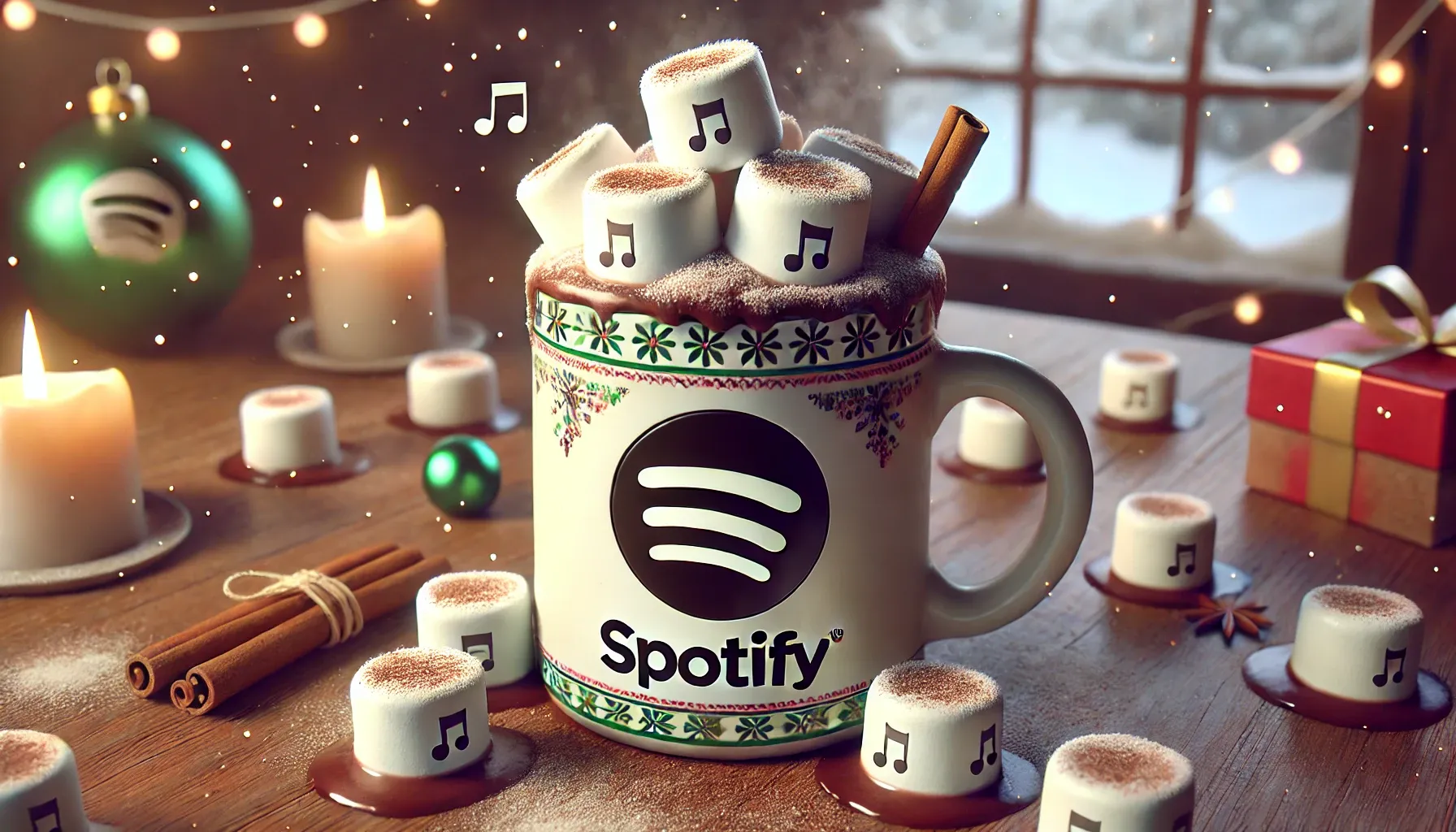 Musical marshmallows floating in a mug of Spotify hot chocolate